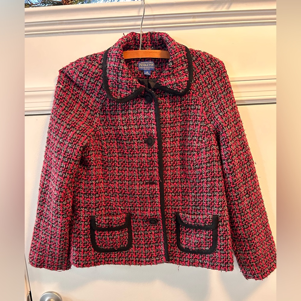 Vintage‎ Pendleton Jacket Womens 8P Pink Black Wool Houndstooth Blazer 70s